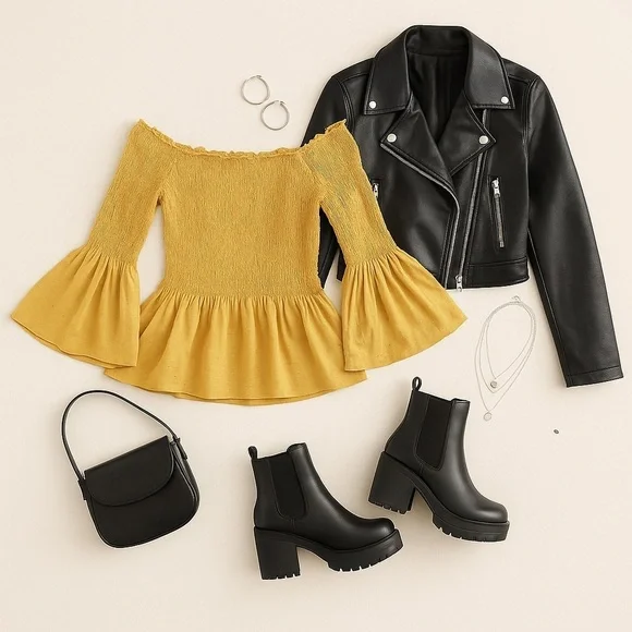 Boho Cottagecore Smocked Peplum Top Mustard Yellow Bell Sleeves Size Small - Picture 2 of 6